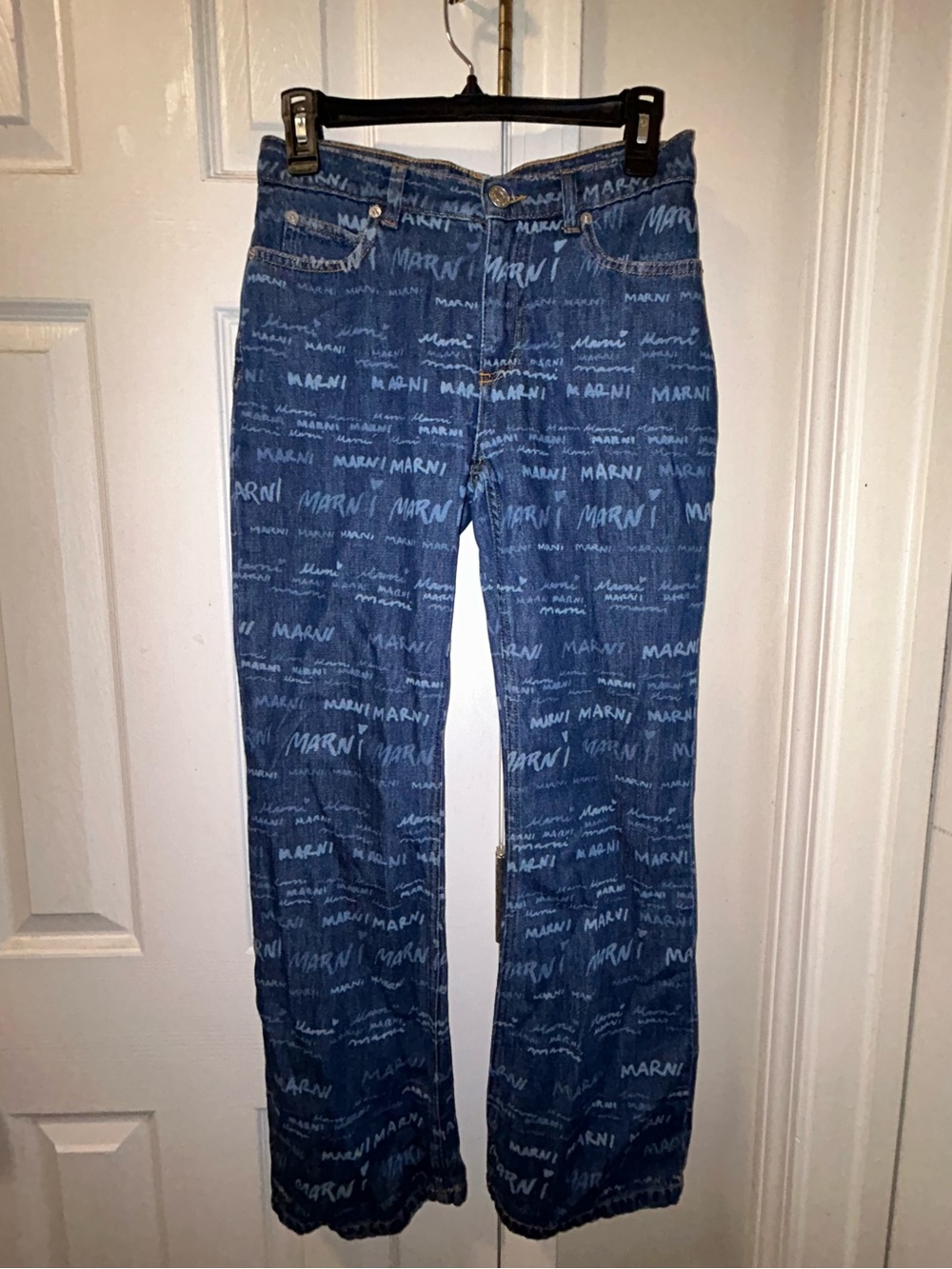Marni Blue Logo-Print Bootcut Jeans